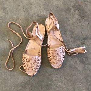 Ankle tie wrap huaraches sandals natural leather